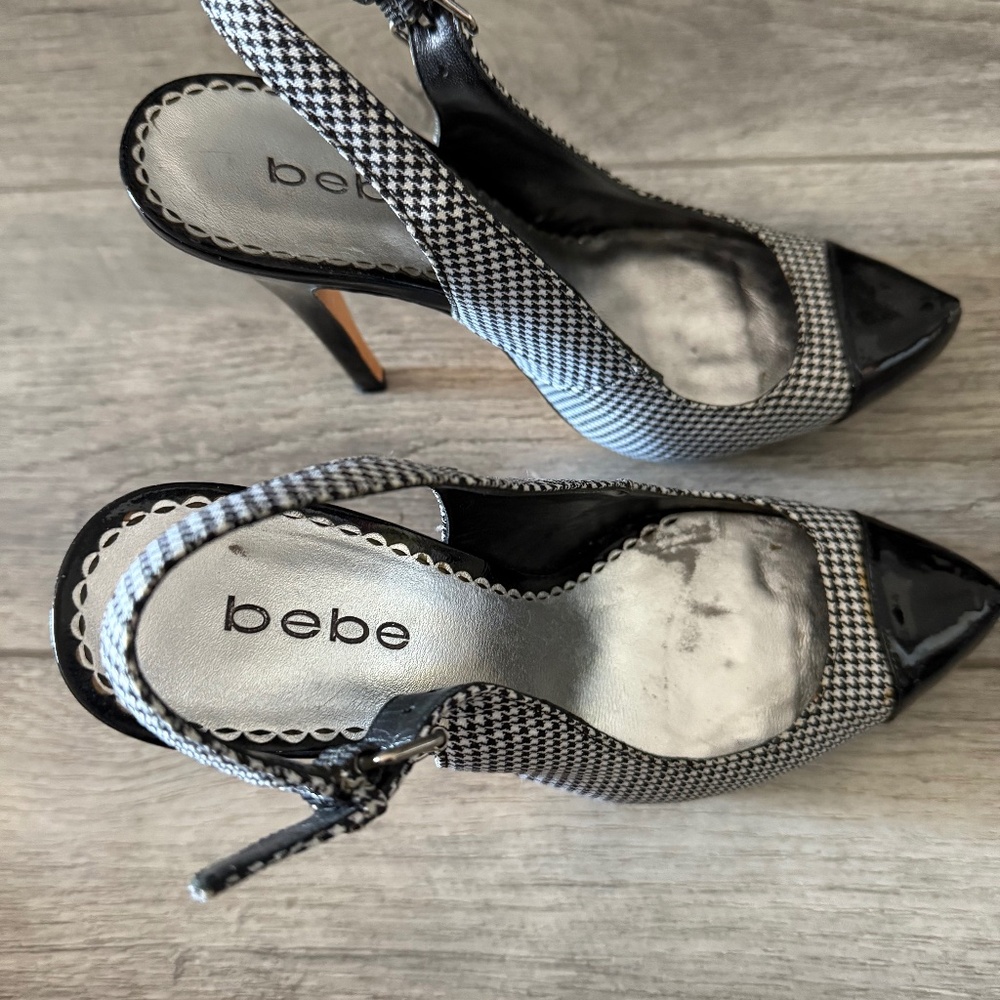 BEBE houndstooth and black patent leather slingbacks
